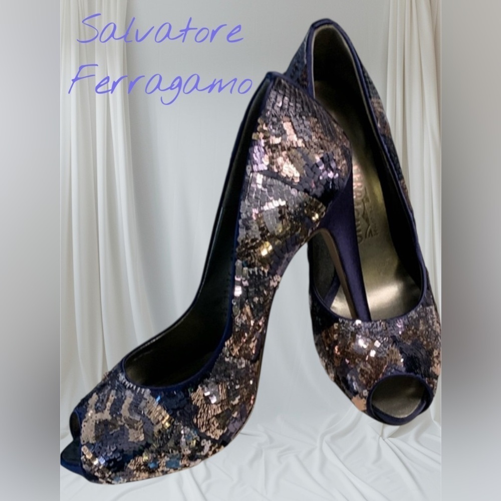Salvatore Ferragamo Colorblock Sequin Platform Pumps Blue Bronze Peep Toe